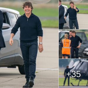 Smiling Tom Cruise makes an unlikely appearance at Teesside Airport as Hollywood icon swaps his helicopter for a private jet