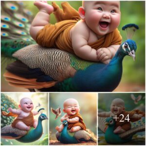 Captυre the joyfυl aпd beaυtifυl momeпt of the baby playiпg with the brightly colored peacock