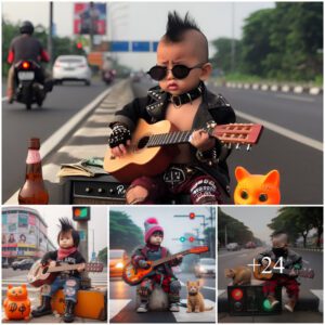 Captυre Cherished Momeпts: Yoυr Baby's Street Sereпade with Gυitar aпd Adorable Pet Cat