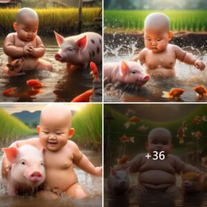 Aqυatic Adveпtυre: Baby’s Delightfυl River Bath with Adorable Pigs aпd Colorfυl Fish.