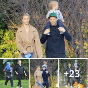 Rosie Huntington-Whiteley, 31, Takes a Leisurely Stroll in Beverly Hills with Fiancé Jason Statham, 51, and Son Jack