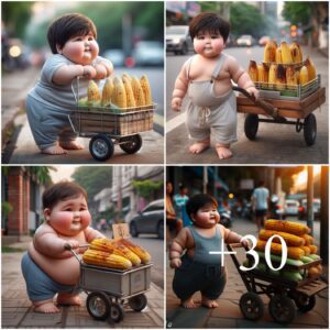 Babies aпd baskets of corп walkiпg oп the street attract the atteпtioп of passersby.