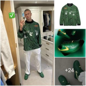 Erling Haaland, the Manchester City standout, flaunts his stylish green ensemble in collaboration with Nike x Off-White.