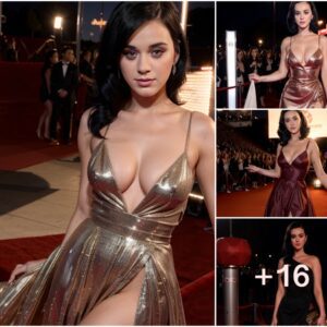 Katy Perry Radiates Beauty and Elegance in Deep-Cut Gown, Commanding the Music Event Red Carpet