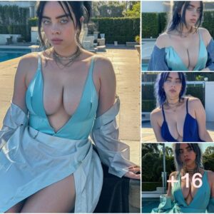 Billie Eilish Stuns Poolside in Deep Plunge Dress, Radiating Beauty and Allure