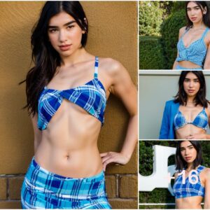 Dua Lipa Radiates in Deep Plunge Blue Plaid Dress on the Golf Course in Latest Album