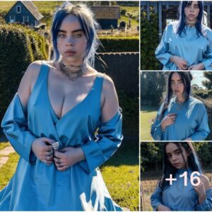 Billie Eilish Stuns in Deep Blue Mini Dress Amid Countryside Serenity