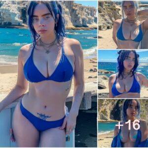 Billie Eilish Strikes a Stunning Pose in Blue Bikini by the Sea