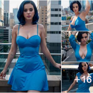 Katy Perry Commands Attention in Bold Pose, Rocking Short Blue Dress with Confidence and Sophistication, Radiating Allure and Glamour against the Urban Cityscape