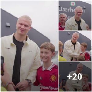 Erling Haaland mischievously covers the Manchester United badge on a young fan's jersey during a photo request, revealing his playful spirit and lighthearted charm