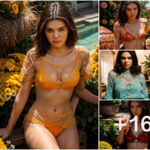 Kendall Jenner Radiates in Vibrant Orange Lace Amidst a Sea of Tana Chrysanthemums