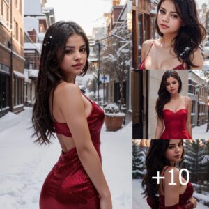 AI Renders Stunning Portraits of Selena Gomez's Irresistible Beauty in a Red Dress Amidst a Glittering Snowscape