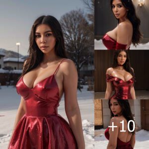 AI Renders Stunning Portraits of Kim Kardashian's Irresistible Beauty in a Red Dress Amidst a Glittering Snowscape