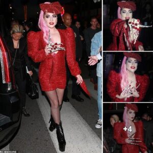 Lady Gaga dazzles in bedazzled mega-claws and a stunning red mini dress at her beauty brand launch