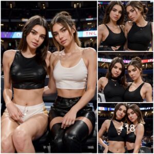 Kendall Jenner and pal Hailey Bieber match in black leather jackets as they sit courtside at the Los Angeles Lakers Vs Oklahoma City game