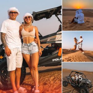 Man United star Lisandro Martinez shares a happy moment with his girlfriend exploring the desert in Dubai on a Polaris off-road vehicle