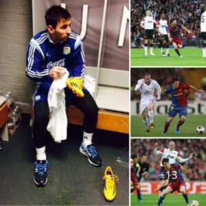 The image of Lionel Messi cleaning his shoes hangs in Man Utd’s Youth Training Center