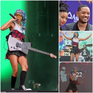 Willow Smith puts on an edgy display in a crop top and flannel mini skirt as she performs on the main stage at Reading Festival