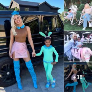 Khloé and True wore pastel blue dresses and posed playfully in front of the camera.