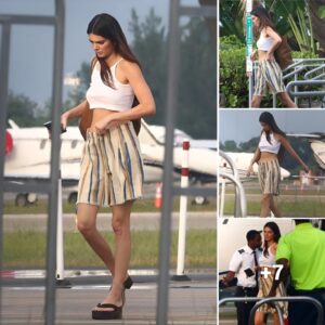 Kendall Jenner attracted all eyes when appearing in the Bahamas wearing a chic crop top and wide striped pants.