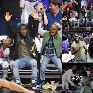 Hart was photographed with his wife Eniko Parrish and their children, Heaven, Hendrix and Kenzo, in the stands.