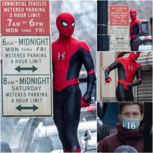 Tom Holland slips into iconic superhero suit and swoops in from high above during a chase scene for Spider-Man 3