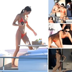 Kendall Jenner shines in an orange bikini on a yacht in Miami