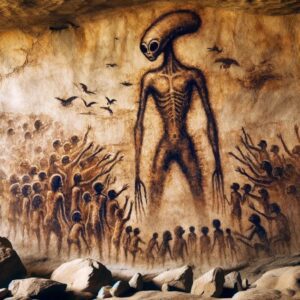 "Ancient Cave Paintings from Tassili N'Ajjer: Depicting Giant Alien Figures Alongside Hundreds of Small Human Figures, Dating Back to 6000 BC. Are They Our Ancestors?"