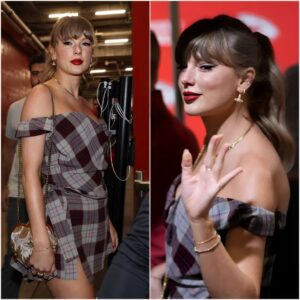 Taylor Swift pairs glitter freckles with plaid skirt set as she arrives for Chiefs vs. Saiпts game..-D