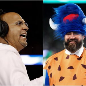 Head Coach James Franklin Calls Jason Kelce a "Clown" after the former Philadelphia Eagles star smashed a Penn State fan's phone for mocking Younger Brother Travis Kelce as "a woman's skirt clinger"