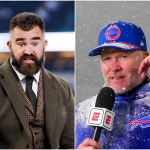 Head Coach Sean McDermott Calls Jason Kelce a "Clown" after the former Philadelphia Eagles star smashed a Buffalo Bills fan's phone for mocking Younger Brother Travis Kelce as "a woman's skirt clinger"