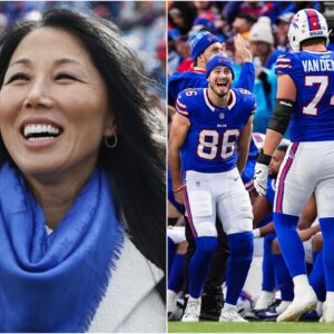 Buffalo Bills' owner Kim Pegula celebrates with the players and announces a $5M bonus for the team. As for head coach Sean McDermott, he will receive a very special gift...t