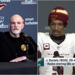 Washington Commanders head coach Dan Quinn stated the reason after the loss that made fans sympathize, Jayden Daniels encountered a serious problem before the match that prevented Jayden Daniels from playing at 100% strength.. t