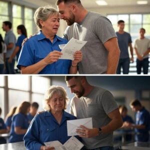 A lunch lady in Kansas burst into tears after opening a plain envelope — inside was a check from Travis Kelce and a letter that ended with one unforgettable line 7