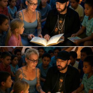 Eminem & Ex-Wife Kim Read Bedtime Stories to Flood Victims — But What She Quietly Pulled from Her Backpack Stunned Everyone in the Tent!