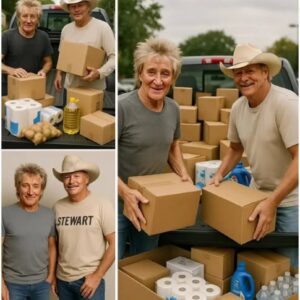 Rod Stewart rested his hand on the tailgate of a pickup loaded with relief supplies, his eyes meeting Alan Jacksonโs across the bed. โTexas is hurting bad,โ