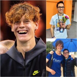 STUNNING: Jannik Sinner's brother causes a sensation when he suddenly appears outside the press room, wearing a T-shirt with an image of his younger sibling and holding a small bouquet of flowers to celebrate the historic Wimbledon victory!...