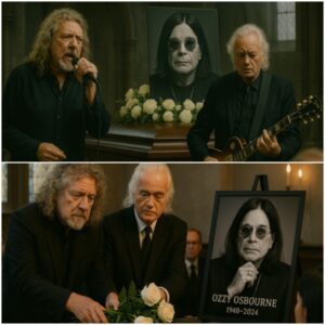 When Robert Plant and Jimmy Page entered the chapel, a ripple of recognition and awe swept through the mourners — two titans of rock, arriving not as legends, but as grieving brothers. Jimmy carried his guitar like a relic, his fingers resting on the strings as though it, too, felt the weight of the moment. Robert stepped to the microphone, his golden curls now silvered with time, and said softly, “We came here for Ozzy… because without him, none of us would have had the courage to be who we were.” Then Jimmy began to play — a slow, mournful riff that bled into the room like an open wound — and Robert followed, his voice still carrying that wild, soaring power, but now tempered with heartbreak. Together, they performed a stripped-down tribute, a haunting mix of blues and lament that felt like a conversation between two old friends and the one they had lost. When the final chord rang out, Robert placed a hand on the casket and whispered, “You’ll always be with us, brother.” The room stayed silent, suspended in the echo of rock and grief intertwined.