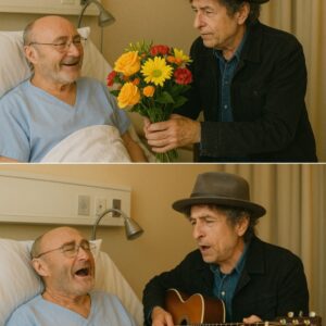 The hospital room, quiet except for the rhythmic hum of medical machines, grew still when Bob Dylan walked in to visit Phil Collins, the legendary troubadour carrying nothing but his guitar as he approached his longtime friend, who has been recovering from ongoing health struggles. Witnesses described how Dylan, with his weathered face and unmistakable presence, pulled up a chair beside Phil’s bed and said softly, “Thought you could use a song, brother,” before strumming the first aching chords of “Knockin’ on Heaven’s Door.” His gravelly, timeworn voice filled the sterile room with warmth and melancholy, each line delivered like a prayer, and Phil, visibly frail but deeply moved, closed his eyes, his lips quietly mouthing the lyrics as tears slipped down his face. Nurses and family gathered silently at the doorway, one later saying, “It felt like we were watching two legends speak in a language beyond words,” until the final note lingered in the air before dissolving into silence, Dylan gently patting Phil’s hand and whispering, “You’re not done yet,” leaving everyone in the room wiping away tears at a moment they called “pure, unfiltered grace.”