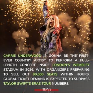 ⚡ EXPLOSIVE: Carrie Underwood is gonna be the first-ever country artist to perform a full-length concert inside London’s Wembley Stadium in 2026, with organizers preparing to sell out 90,000 seats within hours. Global ticket demand is expected to surpass Taylor Swift’s Eras Tour numbers.