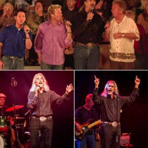 The Gaither Vocal Band stepped forward, yet all eyes turned to the tall figure in the center. Guy Penrod, silver hair brushing his shoulders, stood still for a moment, his Bible-thick voice caught in silence before it ever rose. ws