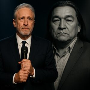 AN UNEXPECTED FAREWELL: Jon Stewart stood under a single spotlight, delivering a heartfelt tribute to the late Graham Greene.