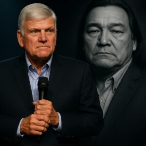 AN UNEXPECTED FAREWELL: Franklin Graham stood under a single spotlight, delivering a heartfelt tribute to the late Graham Greene.