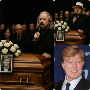Barry Gibb broke down in tears while singing a final farewell to his late friend Robert Redford, his voice cracking with raw emotion.