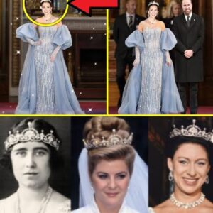 Princess Catherine dazzles in an iced-blue gown and Lotus Flower Tiara, captivating the world with elegance and poise.