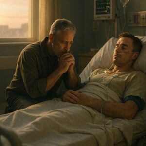 In the quiet hospital light, JON STEWART KNEELED BESIDE A HERO, whispering, “LORD, PLEASE LIFT UP THE ONE WHO LIFTED SO MANY,” as Chad Millward fought for his life.TT