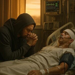 In the quiet light of a hospital room, EMINEM KNELT BESIDE A HERO — CHAD MILLWARD, the brave pilot who once flew into the flames to save more than forty lives. TT