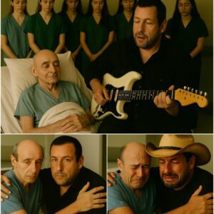 This afternoon, Londonโs hospital halls fell unusually silent as Adam Sandler quietly arrived, carrying the same old electronic guitar that had followed him through decades. On the fifth floor, Phil Collins lay still