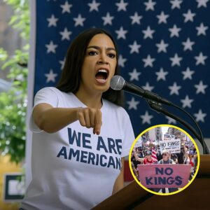 BREAKING: AOC arrived at the “No Kiпgs” protest hall weariпg a simple white T-shirt that read “WE ARE AMERICANS.” 472