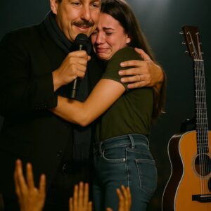 ChatGPT đã nói: Under the warm Austin night lights, the crowd fell into sudden silence. Adam Sandler stopped mid-performance, lowering his guitar as his gaze locked onto a faded cardboard sign in the front row: